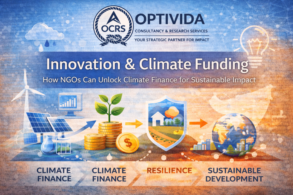 Illustration showing innovation and climate funding pathways for NGOs, including climate finance, resilience, and sustainable development strategies.