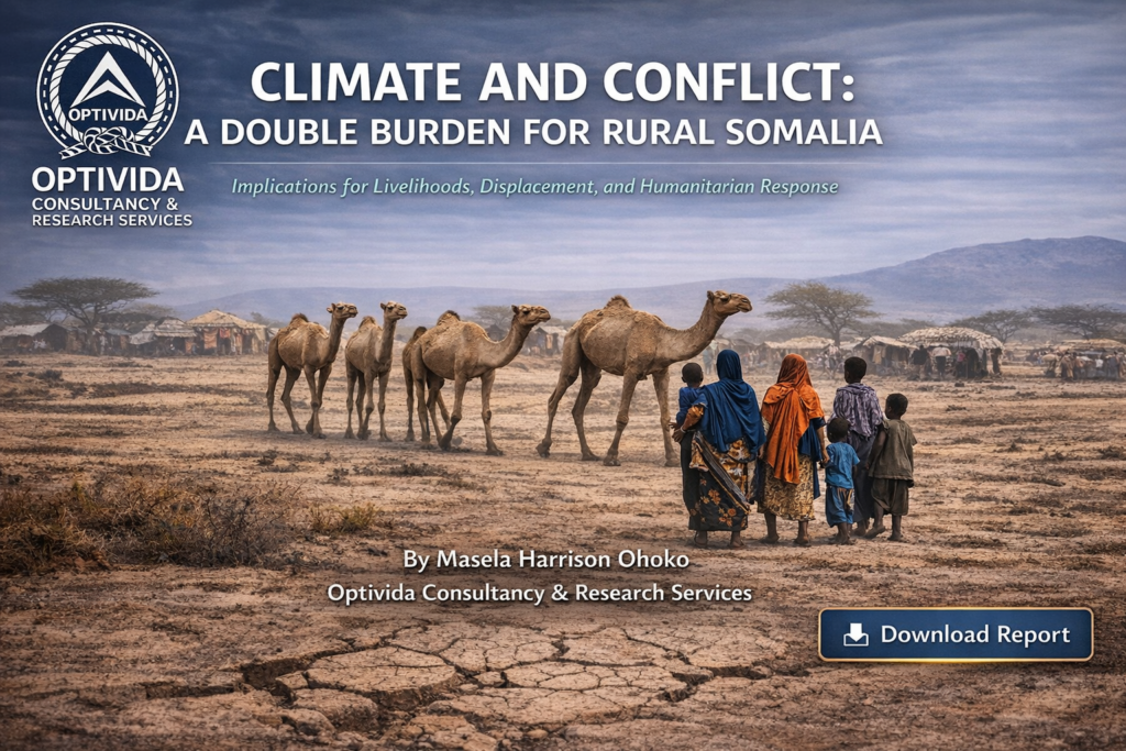 Climate and conflict in rural Somalia report cover showing drought, pastoralists, camels, and displacement context