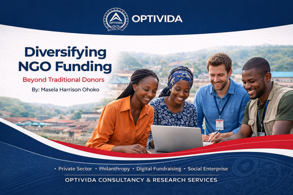 Cover page of Diversifying NGO Funding Beyond Traditional Donors guide by Optivida Consultancy showing NGO professionals collaborating on fundraising strategies