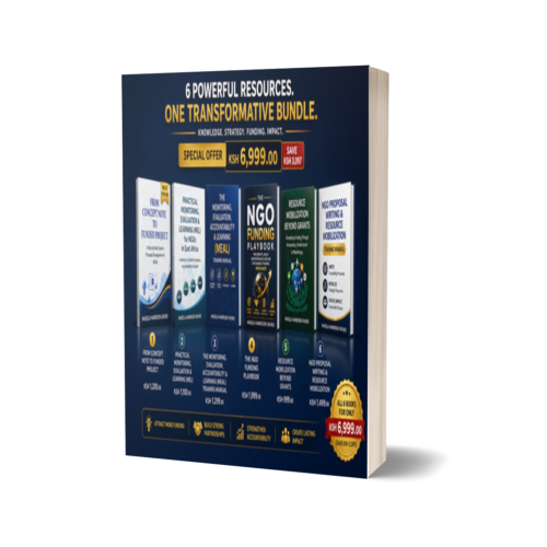 NGO funding and proposal writing bundle with 6 books by Optivida including fundraising, MEL, and resource mobilization guides